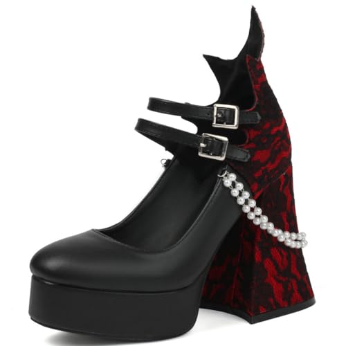 KOKOMOMO Black Goth Platform Shoes Chunky Heel Mary Jane Heels Gothic Lolita Cosplay Shoes,Size 6.5 Black PU