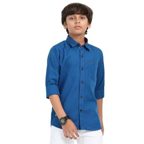 Image of ROCKET SCIENCE Boys Single Pocket Shirt | Regular Fit, Spread Collar, Full Sleeves, 100% Cotton Linen Fabric Royal Blue