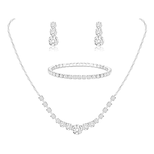 Jstyle Silver Plated Bridal Jewelry Set Rhinestone Necklace Bracelet Dangle
