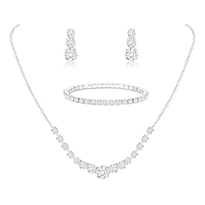 Jstyle Silver Plated Jewelry Set for Women Rhinestone Crystal Necklace Drop Earrings Link Bangle Bracelet Bridal Wedding Jewelry Sets for Brides Bridesmaid Prom Costume Accessories