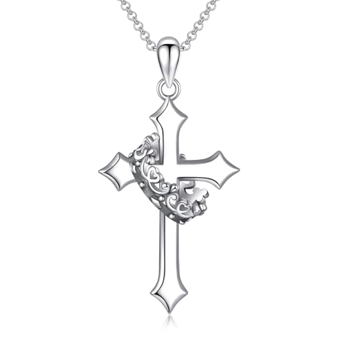 Teioa Collar con colgante de cruz de corona de plata de ley cristiana vintage para hombre y mujer, regalo inspirado en la fe para cumpleaños, Navidad o bautizo