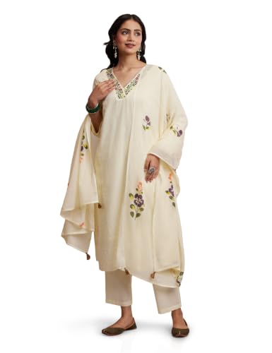 Image of Amazon Brand - Myx Women Embroidered Cotton Kurta Pant Set with Dupatta (Available in Plus Sizes)