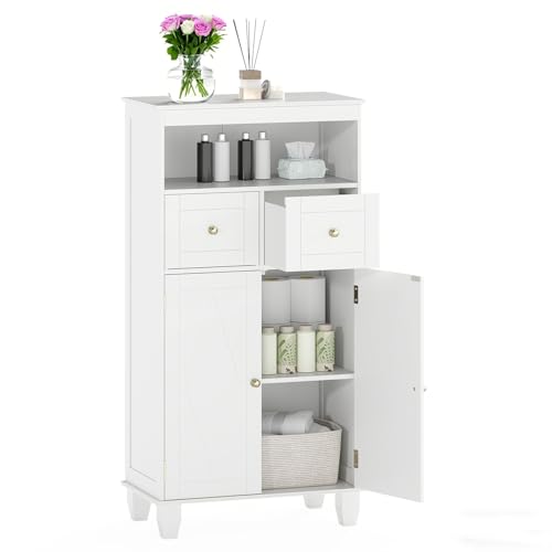 LIFEZEAL Meuble de Salle de Bain Moderne, Armoire de Sol Rangement avec 2 Tiroirs et 2 Portes, Compartiment Ouvert, Meuble de Rangement Autoportant en Bois...