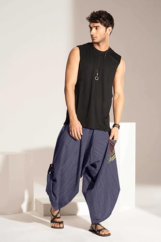 Image of The Veshti Company Cotton Baggy Pants Drop Crotch Harems for Men's Loose Boho Oversized Striped Meditation Yoga Pant with Pocket