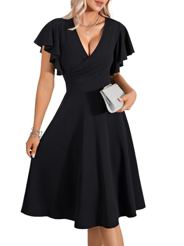 Image of LYANER Women's Warp V Neck Ruffle Short Sleeve A Line Swing Flared Cocktail Party Midi Dress