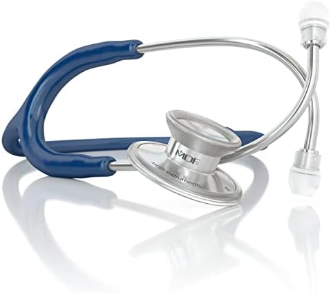 MDF Acoustica Lightweight Stethoscope for Doctors, Nurses, Students, Home Health Use, Adult, Dual Head, Navy Blue Tube, Silver Chestpiece-Headset, MDF747XP04