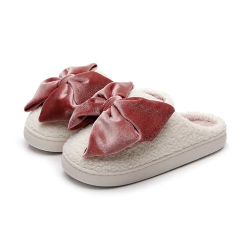 Womens Slippers Warm Velvet Non Slip Indoor Slippers Cozy Bedroom Shoes Bow Comfy Soft Teddy Fleece Slip-On Shoes2