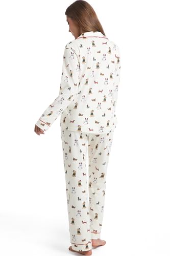Image of LUBOT Christmas Pajamas for Women 100% Cotton Pajama 2 Piece PJ Set Soft Long Sleeve Button Xmas Print Loungewear XS-XXL
