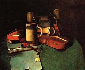 Peinture à l'huile de Peto nature morte vintage Books Mug Pipe and Violin 30x36