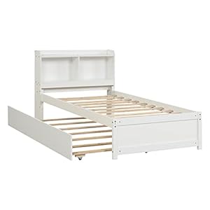 Twin Size Bed with Trundle,Twin Bed Frame with Storage Headboard, Twin Size Trundle Bed with Bookcase for Kids,Bookcase Bed Twin Size, Trundle Bed with Storage for Kids,Teens,Adults(White) Twin Size Bed with TrundleTwin Bed Frame with Storage Headboard Twin Size Trundle Bed with Bookcase for KidsBookcase Bed Twin Size Trundle Bed with Storage for KidsTeensAdultsWhite