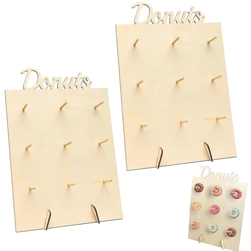 ZHAOYCSH Wooden Doughnut Holder Set of 2 Rustic Donut Display Racks with Wood Stick Donut Stand for Weddings Birthdays Party Table Decor Dessert Table Board. Reusable & Stable Design 30x40cm.