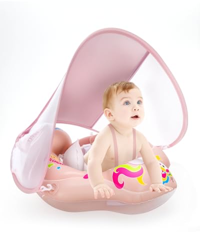 Baby Schwimmring mit UPF50+ Sonnendach Abnehmbaren, Aufblasbare Schwimmsitz Schwimmhilfe Swimtrainer, Verstellbarer Sicherheitssitz, Baby Schwimmhilfe für 3-36 Monate