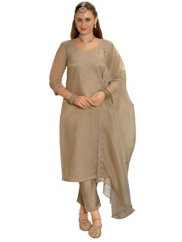 Image of INDO ERA Women's Silk Blend Ethnic Motifs Solid Straight Kurta & Pant with Dupatta Set (RROUT10695)