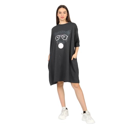 Image of LAMA STORE Women's Printed Oversized T-Shirt Dress, Cotton, 3 /4 Sleeve Length, Casual Loose Fit, Comfort Wear Extra Comfy Oversized Printed Pocket T-Shirt Dress