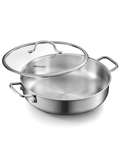 Saute Pan with Lid, 12 Inch 7QT Tri-Ply Stainless Steel Braiser Pan, Deep Frying Pan & Chef Skillet, Induction Compatible Cookware, Dishwasher & Oven Safe, Works on Gas and Ceramic Cooktops