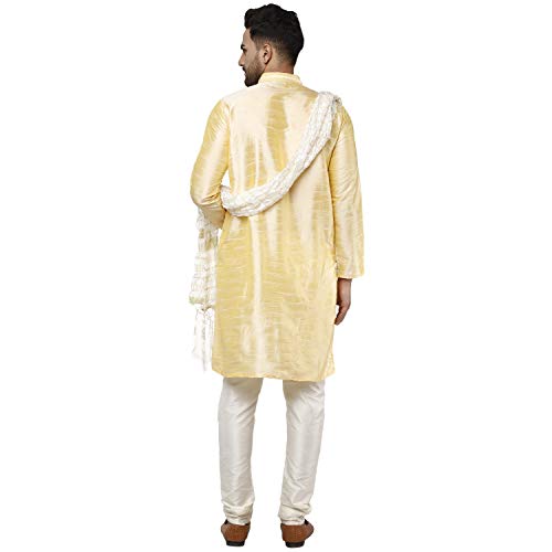 Image of SKAVIJ Men's Art Silk Embroidered Kurta Pyjama Scarf Set 3-Piece Woven Design Festive Party Dress