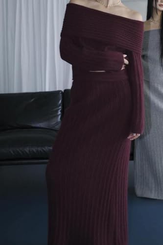 Image of Unybwonn Skirt Sets Women 2 Piece Outfits off the Shoulder Sweater and Knitted Skinny Maxi Skirts Fall Casual Outfits