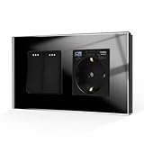 CNBINGO Interruptor de luz con enchufe, enchufe de cristal empotrado con conector USB (tipo C y tipo A 3,1 A total), interruptor de botón Negro, interruptor de 2 vías, interruptor de conmutación