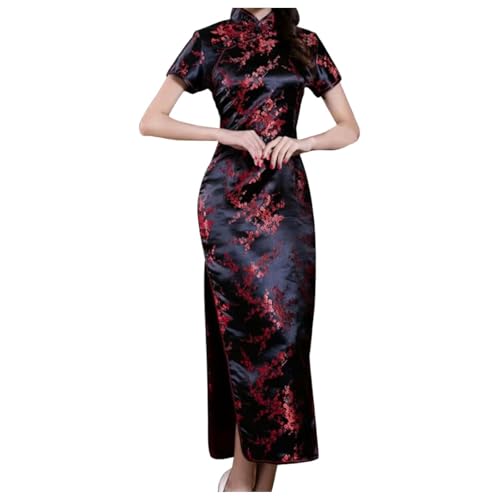 Robe Cheongsam chinoise brodée manches courtes longue longueur femmes traditionnelle Qipao, Noir ,...