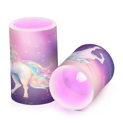 Image of Lights Flameless Candles Rainbow Fairy Unicorn Stars Pillar Candles Set of 2 Battery Operated Remote Control Warm Lights Home Decor
