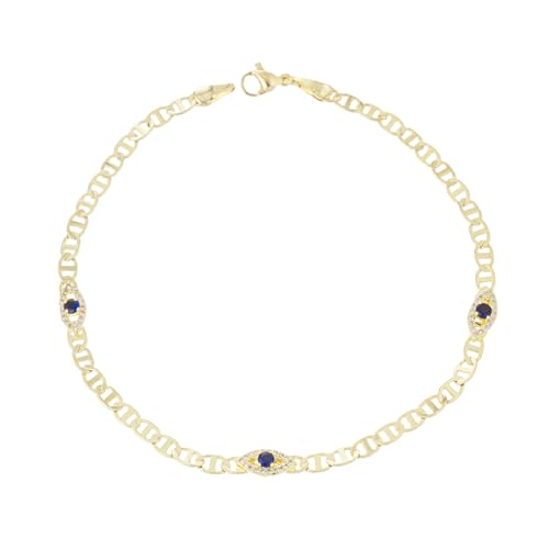 kelistom Evil Eye Anklet 14K White Gold Plated Ankle Bracelets for Women Zircon Inlay Evil Eye Hamsa Hand Charm Mariner Chain Anklets Waterproof 3-eyes (Gold 10 Inch)