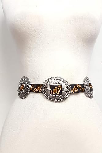Western Oval Floral Concho Belt hand painted tooled belt Black L/X2