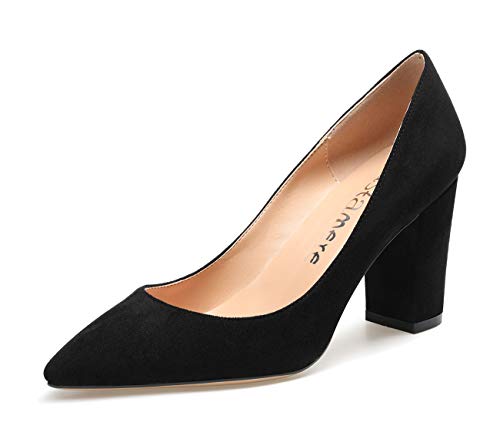 Castamere Women's Block Heel Pointed Toe Slip-On Court Shoes 3.2 in Heeled Suede Black Pumps UK 3.5