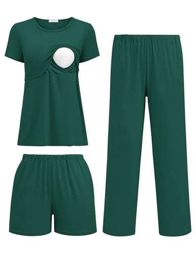 Image of Ekouaer 3 Piece Postpartum Nursing Pajamas Set Short Sleeve Breastfeeding Shirts Pregnancy Shorts & Pants Maternity Pjs Lake Green M