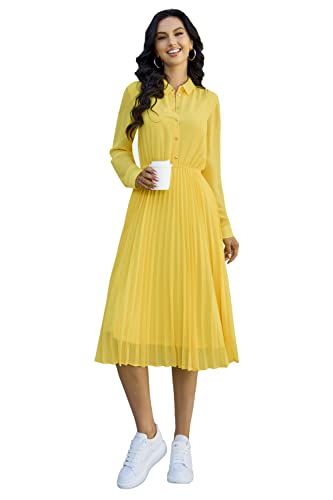 Image of Business Casual Shirt Dress for Women Long Sleeves Pleated Midi Dresses with Belt
