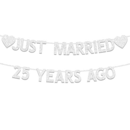 Plzaxou 25th Wedding Anniversary Party Banner Decorations, Silver Glitter Just Married 25 Years Ago Banner, We Still Do 25th, 25 Years Blessed & Loved Decorations Supplies