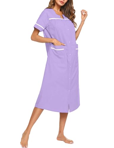 Image of Ekouaer Womens Snap Front Dusters Cotton Housecoat Short Sleeve Nightgown House Dress With Pockets