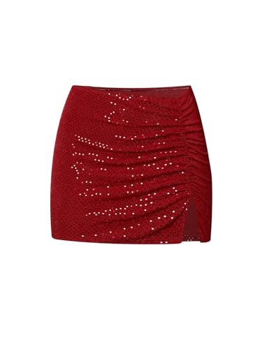 SOLY HUX Women's Sequin Sparkly Skirt High Waisted Ruched Split Hem Going Out Mini Skirts