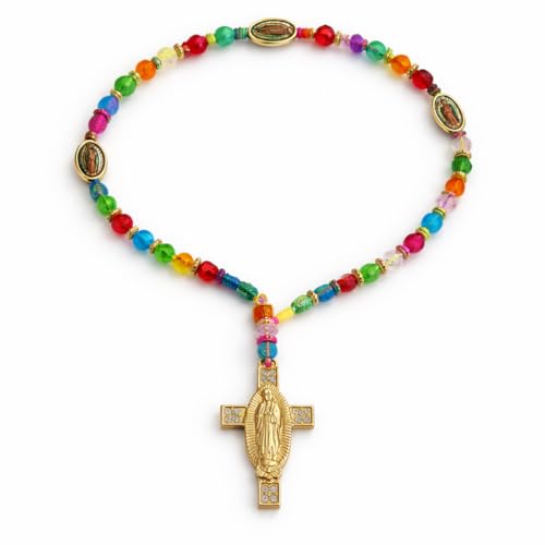 Davaco Rosario Virgen de Guadalupe Multicolor Cuentas Facetadas y Cruz Dorada Rosario Religioso Hecho a Mano Regalo Espiritual para Hombre y Mujer