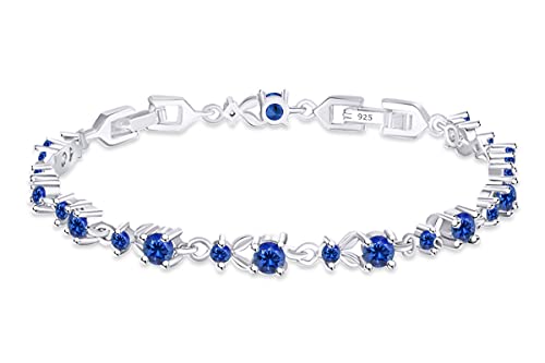 AFFY Round Cut Simulated Birthstone Leaf Shape Tennis Bracelet Gemstones Link Bracelet For Women In 14k White Gold Plated 925 Sterling Silver Jewelry Gift For Her