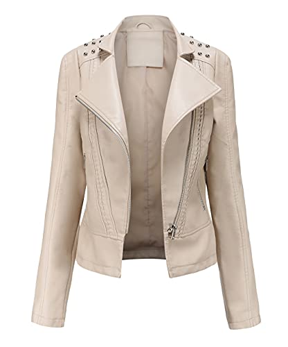 chouyatou Women's Casual Light Studded Shoulder Moto Biker Faux Leather Jacket