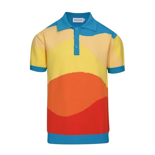 OXKNIT Mens Knitted Geometric Patterns Polo Shirts Short Sleeve Vintage Multi-Colored Shirts
