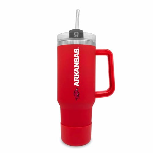 Image of Campus Colors College & University 40 oz Travel Tumbler With Handle - Dual Option Lid With Straw - Vacuum Insulated Stainless Steel (Arkansas Razorbacks - Cardinal)