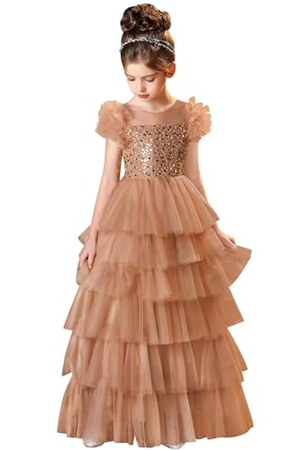 Sequin Flower Girl Dress for Wedding Ruffles Sleeves Pageant Dresses for Girls Layered Tulle Prom Dresses for Girls Gold-10