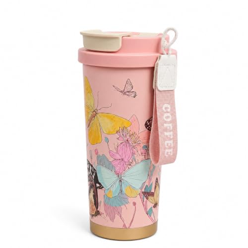 Image of Vasukie Stainless Steel Coffee Tumbler with Carrying Strap, Aesthetic Pink Butterfly & Floral Travel Mug, Leakproof Water Bottle for Women & Girls (500ML)
