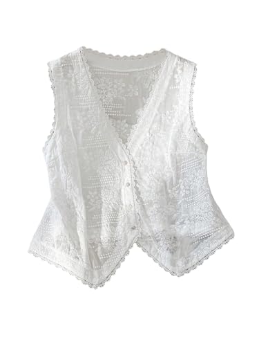 GORGLITTER Women's Plus Size Lace Cardigan Sleeveless Embroidered Button Up Open Front Lightweight Vest Cardigan Sweater