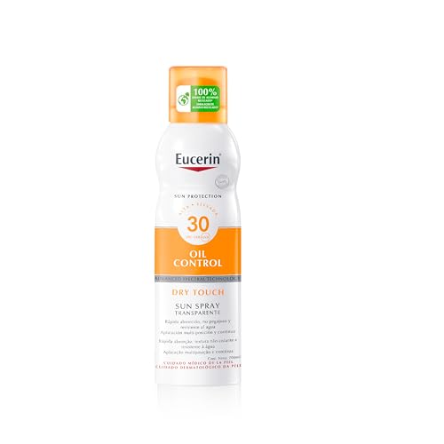 Eucerin Sun Body Oil Control Aerosol Spray FPS 30 (200 ml), spray protector solar 30 con filtros UVA/UVB, crema de sol transparente, protección solar para pieles sensibles y con tendencia acneica