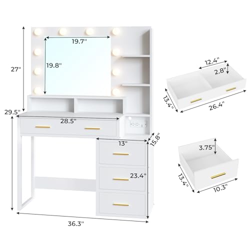 Tiptiper White Makeup Vanity with 10 Light Bulbs, Modern Vanity Desk with Mirror & 3 Lighting Modes, Vanity Table with 2 USB Ports and Outlets, Makeup Desk with Nightstand, Storage Shelves and Drawers