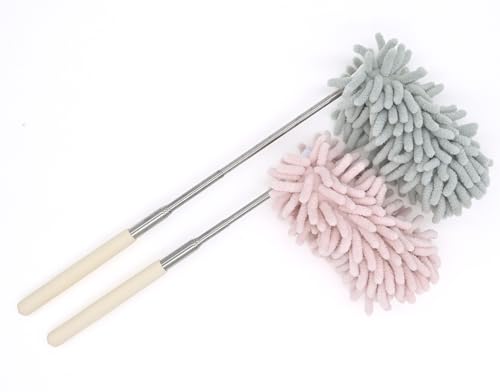 Image of Selric Pack of 2 Microfiber Chenile Duster with 2 Extra Heads for Cleaning Extendable Hand Dusters with Bendable Head (Green and Pink)