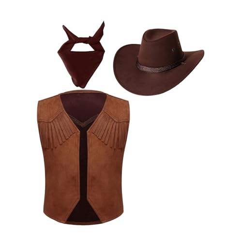 HULIJA - Set de accesorios de cowboy para niños y niñas, incluye chaleco de cowboy, sombrero de cowboy + bandana, para actuaciones en el escenario, Halloween, fiesta de disfraces, color marrón, talla