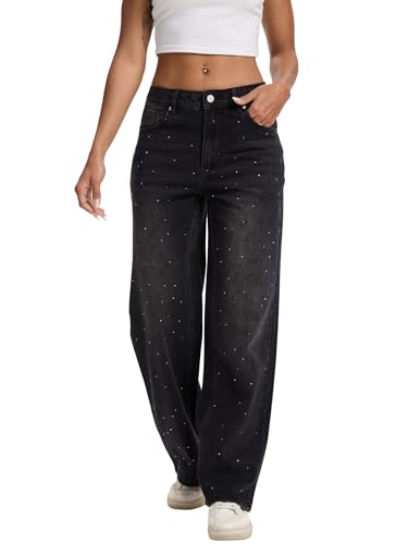 Womens Rhinestone Straight Wide Leg Jeans Vintage Wash Sparkling Baggy Denim Pants for Party Music Festival3
