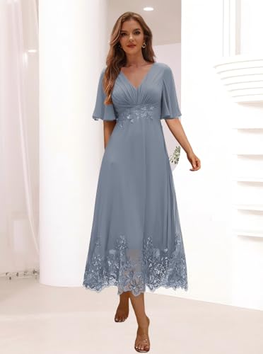 Women's Tea Length Mother of The Bride Dresses Lace Applique Ruffles Formal Evening Party Dress DE5684