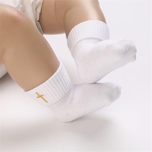 Baptism Socks for Baby Girls White Newborn Baby Girls Christening Socks with Cross & Frilly Lace 4PC3