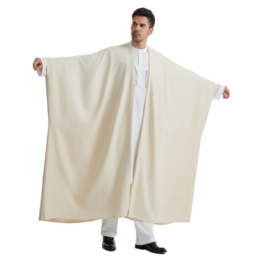 Muslim Men's Pure Color Long Sleeves Bisht Cardigan Robe Ramadan Eid Thobe (Beige, Large)2