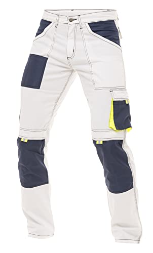 Mens Painter Pants Carpenter Tactical Field Pants Cargo Trousers with Cordura Reinforced Knees Pads & Utility PocketsS8 White 38-32