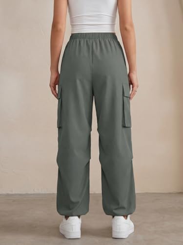 Image of GRECIILOOKS High Waist Cotton Trousers for Women - Flared Parachute Pants with Side Pockets | Casual Travel Cargo Pants